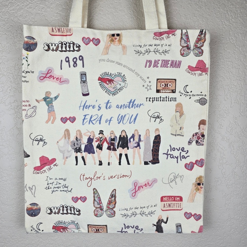 Taylor Swift Eras Inspired Canvas Tote Bag Swiftie Graphic Print Cream‎ Multi